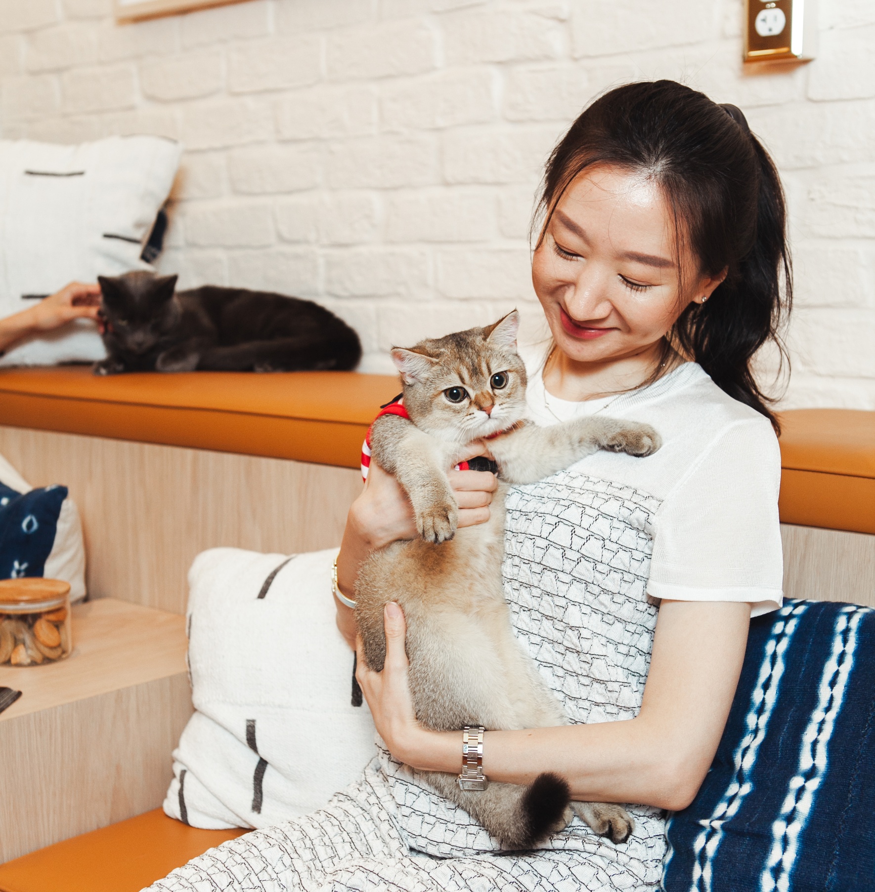 Woman sitting in vet lobby with a cute cat